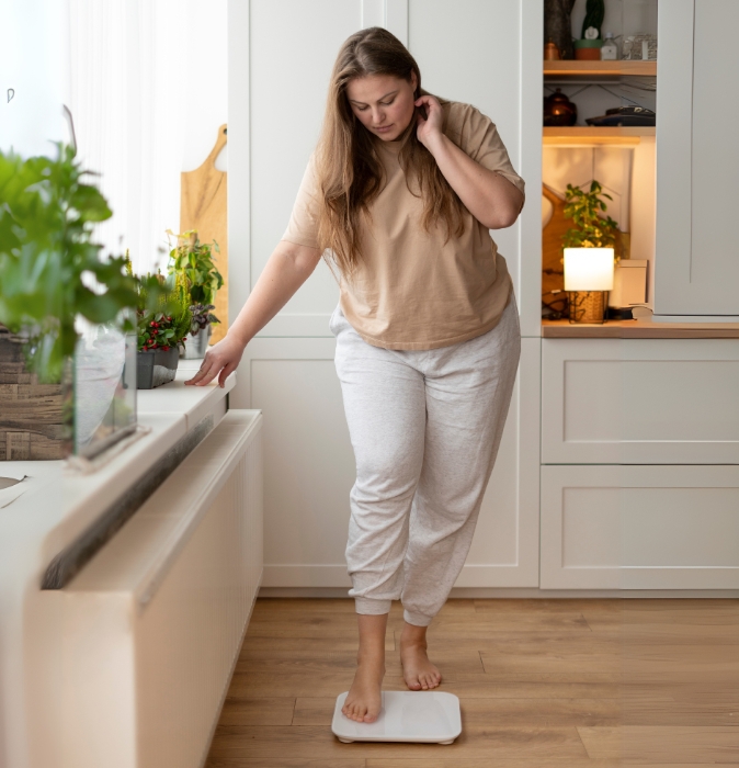 Woman Standing On A Weight Scale To Check Weight